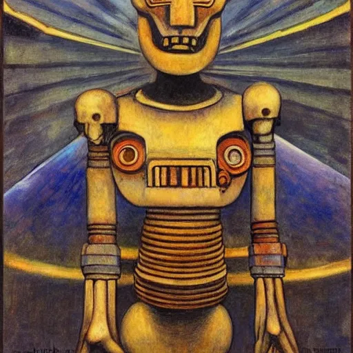 Prompt: the robot wearing the bone crown, by Annie Swynnerton and Diego Rivera, symbolist, dramatic lighting, elaborate geometric ornament, Art Brut ,god rays, soft cool colors,smooth, sharp focus, extremely detailed, Adolf Wölfli