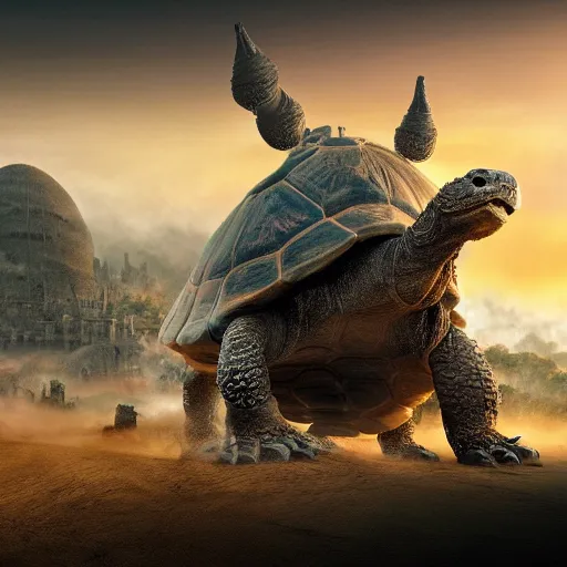 Image similar to gargantuan tortoise with a large fantasy castle armor walking through a sandy wasteland, howls moving castle, mortal engines, kaiju, distant shot birds eye view, fantasy, hyper detailed, 4 k,