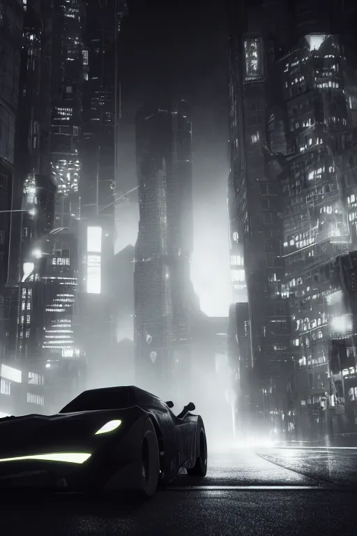 Image similar to the batmobile driving through gotham city at night. fluorescent light. pov from behind the wheel. octane render. 8 k. monochrome. black and white. mist. atmospheric. cinematic. imagined by laurie greasley.