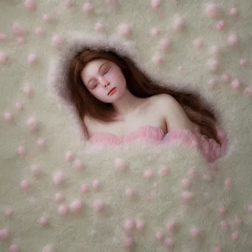 Image similar to portrait of a cute girl laying on soft pink and white cotton fluffy balls, still move image, highly detailed, digital photography by jheronimus bosch and james jean and james rutkowski