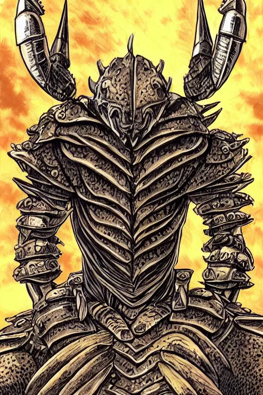 Prompt: human warrior, crab themed armour, crab claws symmetrical, highly detailed, digital art, needles, sharp focus, trending on art station, kentaro miura manga art style