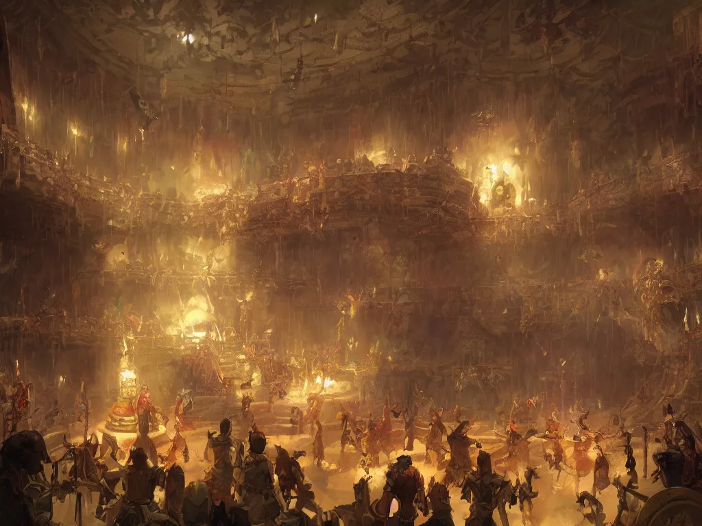 Prompt: interior of a medieval circus, hearthstone art style, epic fantasy style art by Craig Mullins, fantasy epic digital art, epic fantasy card game art by Greg Rutkowski