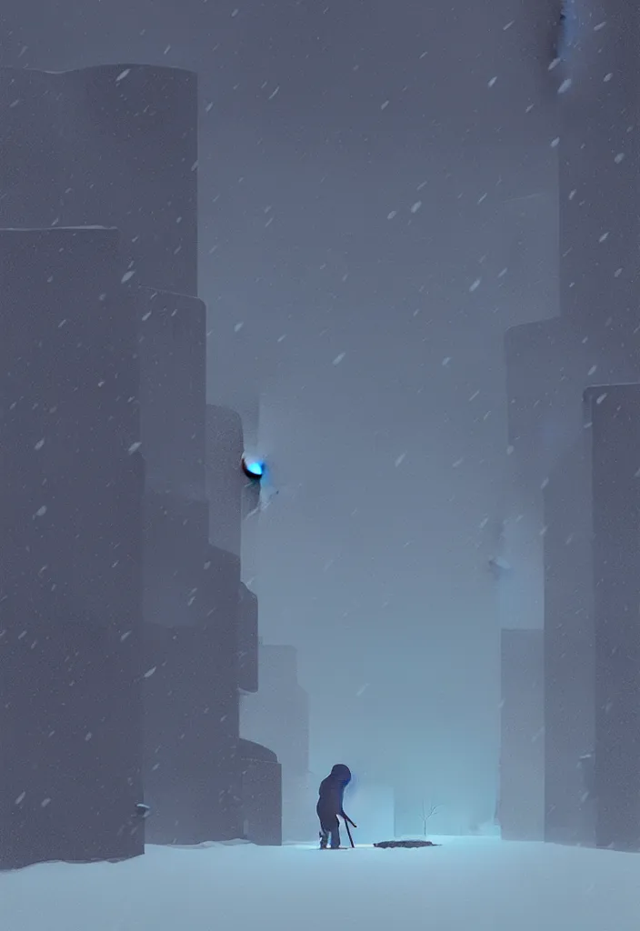 Prompt: by moebius and atey ghailan | a person barely visible shoveling snow in a blizzard |