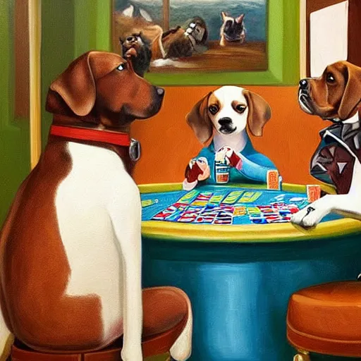 Image similar to dogs playing poker painting but replace the dogs with characters from bluey