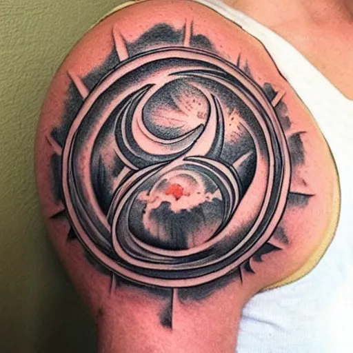 Image similar to tattoo, Sun, moon, infinity, pisces, yin Yang, detailed, artistic