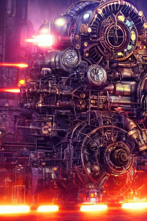 Prompt: a movie poster, movie is called tripmachine, photo of a huge futuristic steampunk generator inside a steampunk machinery, 8 k, fluorescent colors, halluzinogenic, multicolored, exaggerated detailed, 3 d render, octane