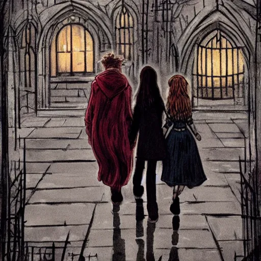 Image similar to harry potter and hermione hand in hand walking in hogwarts yard, elves around, lovely, lightly dark theme, harry potter theme, by monet, trending on artstation