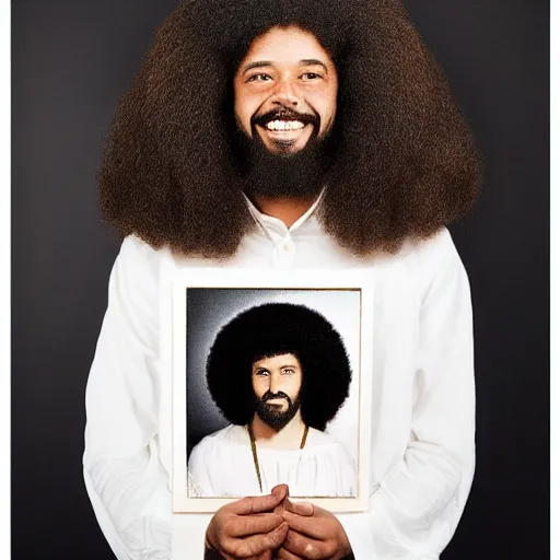 Image similar to jesus with a large afro, award winning portrait photography