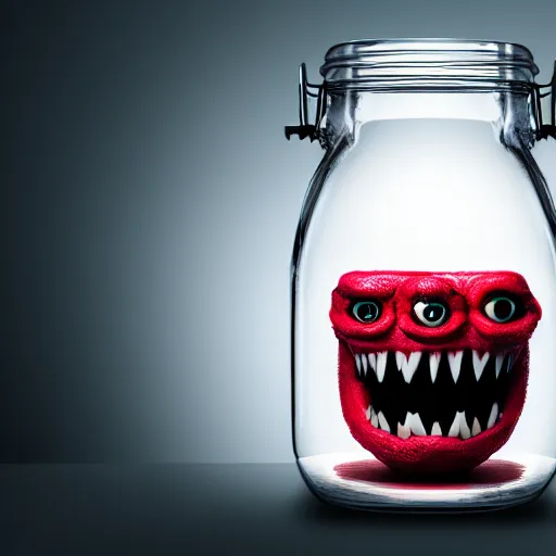 Image similar to Evil monster in a jar, product photography, centered, studio lightning