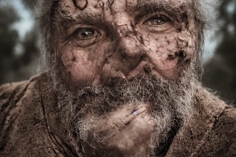 Prompt: character and environment photography, portrait shamanistic infested 7 0 - year - old male druid, messy hair, old tattered robe, medium shot, wide angle, 2 0 0 px, full front, natural light