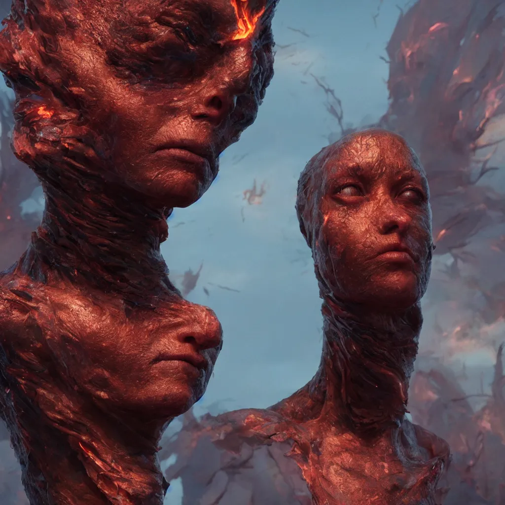 Image similar to extremely detailed cinematic movie still of fire goddess hyperreal skin face by denis villeneuve, wayne barlowe, simon birch, marc simonetti, philippe druillet, beeple bright volumetric sunlight, rich moody colors, bokeh