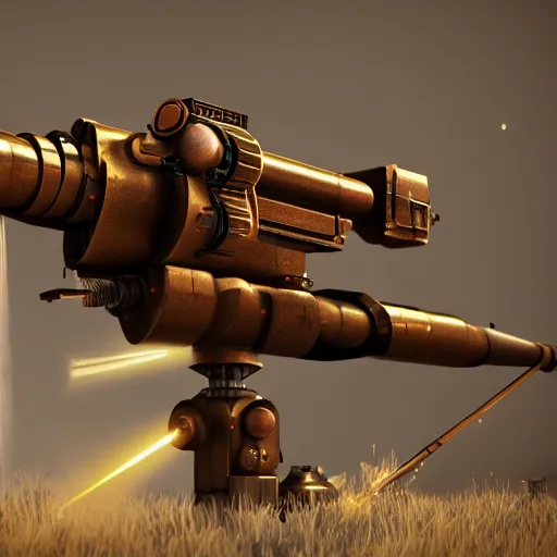 Prompt: a steampunk laser canon firing, octane render, highly detailed, trending on artstation,