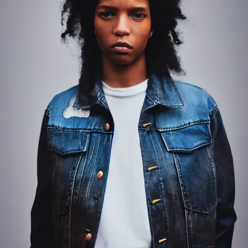 Prompt: realistic photoshooting for a new sacai emil lookbook color film photography portrait of a beautiful woman model, model wears a black paneled denim jacket, photo in style of tyler mitchell