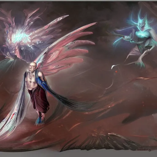 Image similar to winged monk, chaos, unarmed combat, art station, fantasy art, concept painting