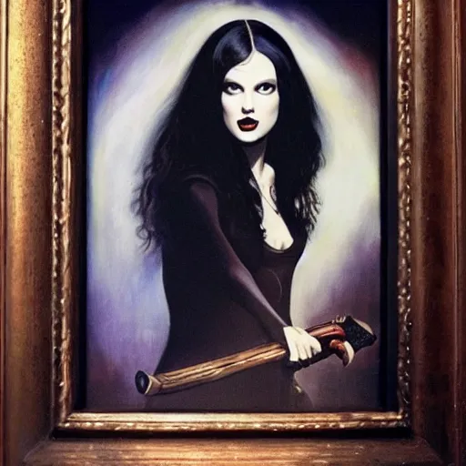 Image similar to ultra realistic portrait painting of taylor swift in the addams family, art by frank frazetta, 4 k, ultra realistic, highly detailed, epic lighting.