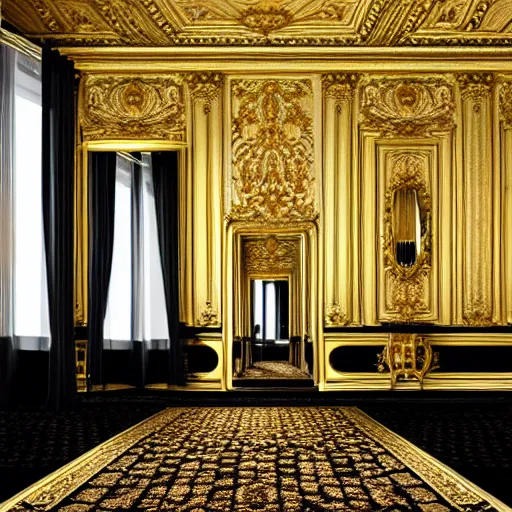 Image similar to parisian interior, dark walls, gold accents, interior design, thick carpet, hyperrealistic, hyperdetailed, super detailed, uhd, uhd, 8 k, high resolution,