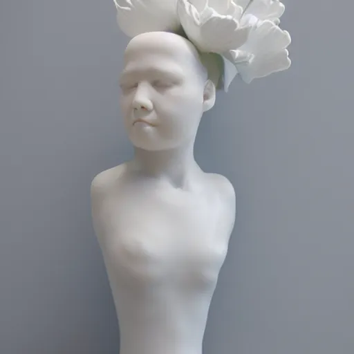 Image similar to female porcelain sculpture by daniel arsham and raoul marks, smooth, full head, all white features on a white background, detailed white 3 d giant poppies on the head