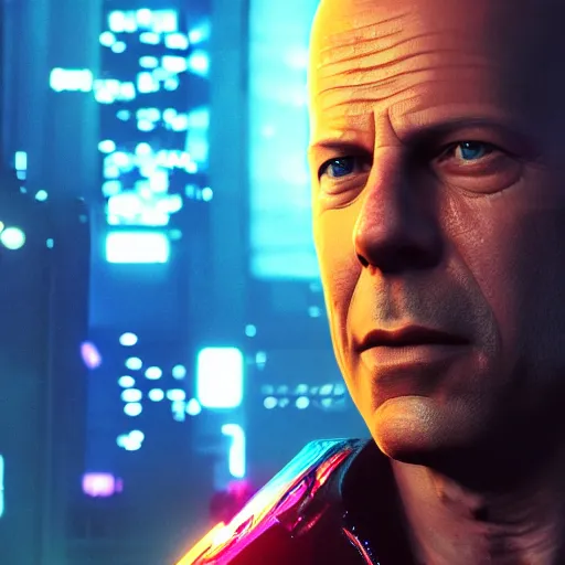 Image similar to bruce willis portrait, cyberpunk 2 0 7 7, cyberpsycho, photorealistic, ultra detailed, neon, octane, bokeh, cyber, cyberpunk city, feature, scars, cyberface, 8 k