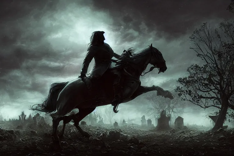 Image similar to the headless horseman riding at night night, spooky, wide angle, graveyard in distance, glossy design, soft texture, 8 k movie scene by marc simonetti