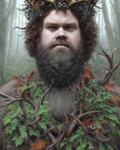 Prompt: patrick rothfuss as a forest druid with antlers, and leaves in his beard | highly detailed | very intricate | symmetrical | cinematic lighting | award - winning | closeup portrait | painted by donato giancola and mandy jurgens and charlie bowater | featured on artstation