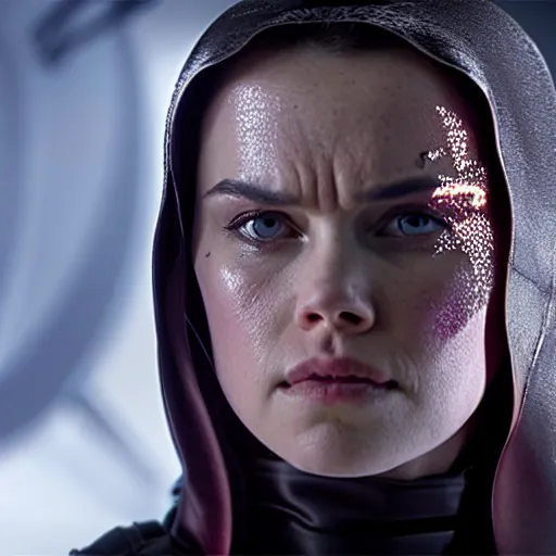 Image similar to movie still of daisy ridley as sith empress wearing a black satin robe and metal belt with dark eyeliner make - up as if she was crying, sweaty, detailed eyes, neutral expression, shallow depth of field, photorealistic, cinematic lighting, lovely bokeh, dark moody light, strong rim light, movie quality, star wars