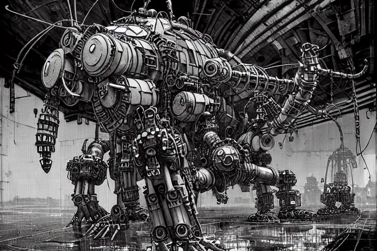 Image similar to dieselpunk mechs in shape of dragonfly that look like Dragonfly, inside an gigantic underground concrete doom hangar, interior structure, drains, storm drains, jungle, vines, algea, cables, panels, walls, ceiling, floor, doors, brutalist architecture, intricate ink drawing, highly detailed in the style of Ashley Wood, moebius and Tsutomu Nihei, photorealistic, cinematic, intricate detail, well lit,