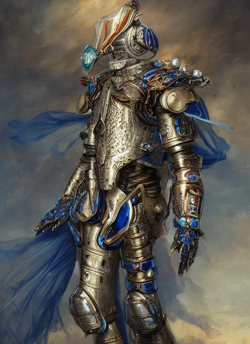 Prompt: formal portrait of a cyborg locust warrior wearing plate armor with blue embroidered cloak, long antennae, fantasy, digital art by eugene de blaas, ross tran, and nasreddine dinet, vibrant color scheme, intricately detailed, in the style of romanticism, cinematic, artstation, greg rutkowski