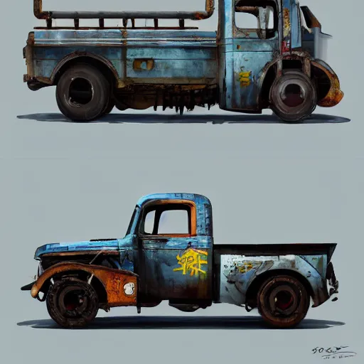 Prompt: redesigned old truck as new, elegant, digital painting, concept art, smooth, sharp focus, art style from Wang Ke and Greg Rutkowski and Bruce Kaiser and Scott Robertson and Dmitry Mazurkevich and Doruk Erdem and Jon Sibal, small style cue from Blade Runner and Minority Report and iRobots