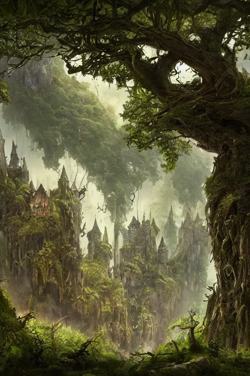 Image similar to fairy palace-castle, towers, gnarly trees, lush vegetation, forrest, landscape, raphael lacoste, eddie mendoza, alex ross, concept art, matte painting, highly detailed, rule of thirds, dynamic lighting, cinematic, detailed, denoised, centerd