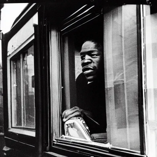 Prompt: The driver of a car parked on a city street talks through the window with a man on the street. Harlem circa 1970, Photograph.