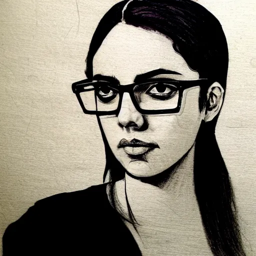 Prompt: a nerdy young woman from hyderabad with big glasses, character portrait, ink drawing, black and white, concept art by tim bradstreet