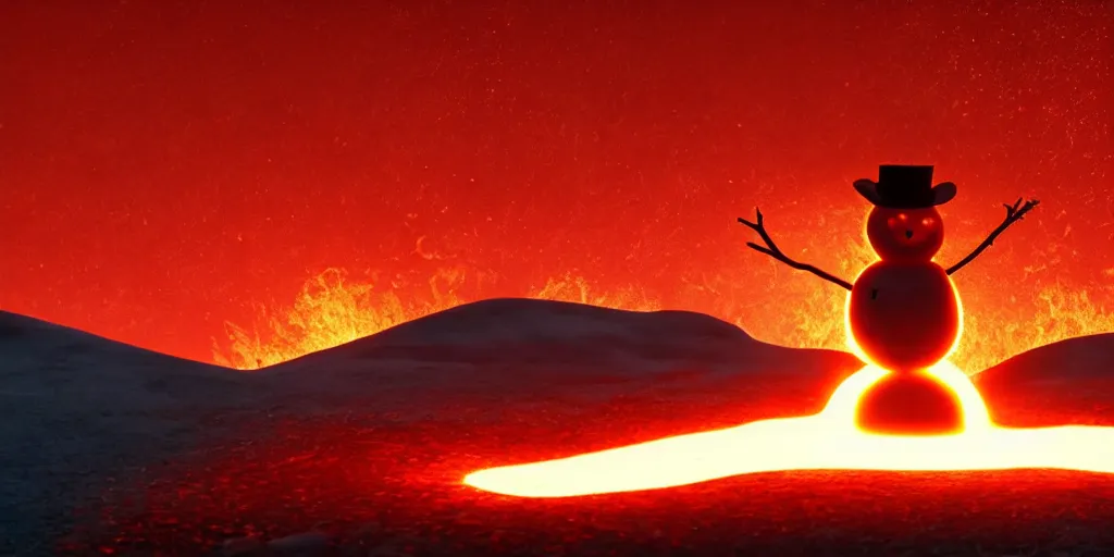 Image similar to a snowman melting on top of the sun. the ground is made of fire and lava and is glowing orange. cinematic, dramatic, epic, volumetric lighting, atmospheric, red, orange extremely coherent, 8 k, space, warm, blade runner 2 0 4 9