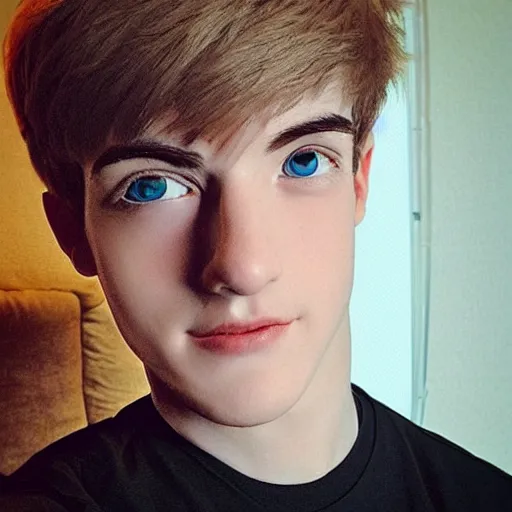 Image similar to “a realistic detailed photo of a guy who is an attractive humanoid who is half robot and half humanoid, who is a male android, twitch streamer Ninja Tyler Blevins, shiny skin, posing like a statue, blank stare, gaming room, close up”