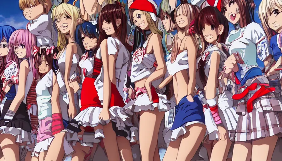 Image similar to waldo hiding amongst a group of cute anime girls in short miniskirts, lightly dressed, ultra detailed digital art, hyper real, detailed, closeup shot, ultra detailed