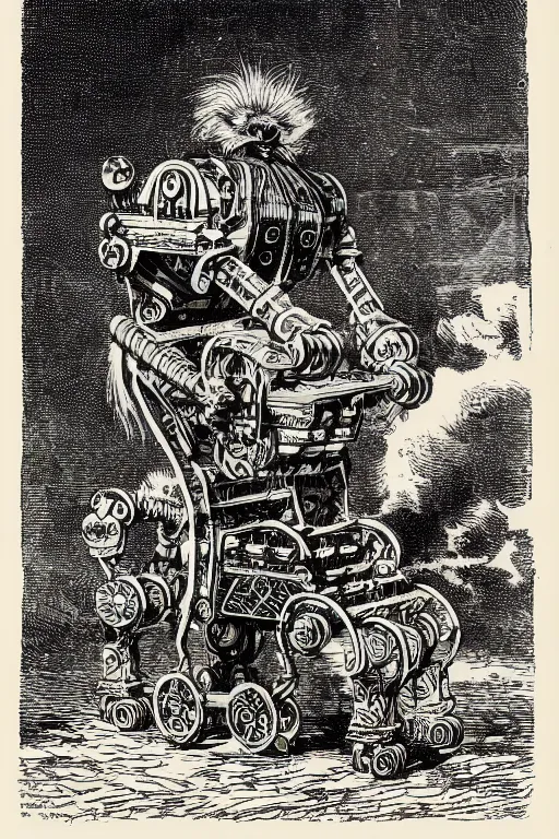 Prompt: 19th century wood-engraving of a robotic dog man made out of sand with wheels for legs wearing a tribal feathered mask, whole page illustration from Jules Verne book titled Stardust Crusaders, art by Édouard Riou Jules Férat and Henri de Montaut, high quality, beautiful, highly detailed, removed watermarks