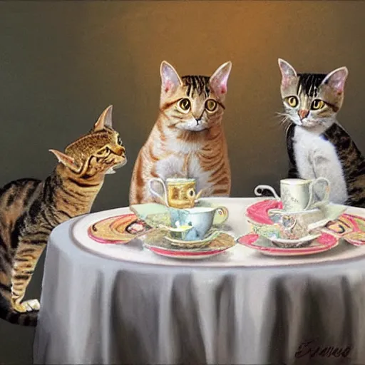 Image similar to three tabby cats attend a fancy english tea party, photorealistic