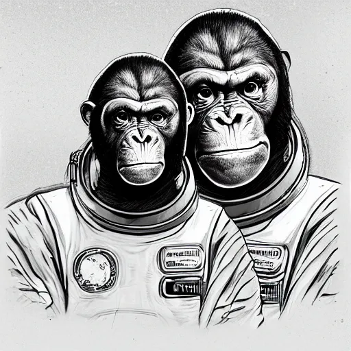 Prompt: double exposure portrait split in the middle of a astronaut and one chimpanzee in a suit posing with space in the background, pencil sketch, dynamic lighting of stars, sharpness, golden ratio