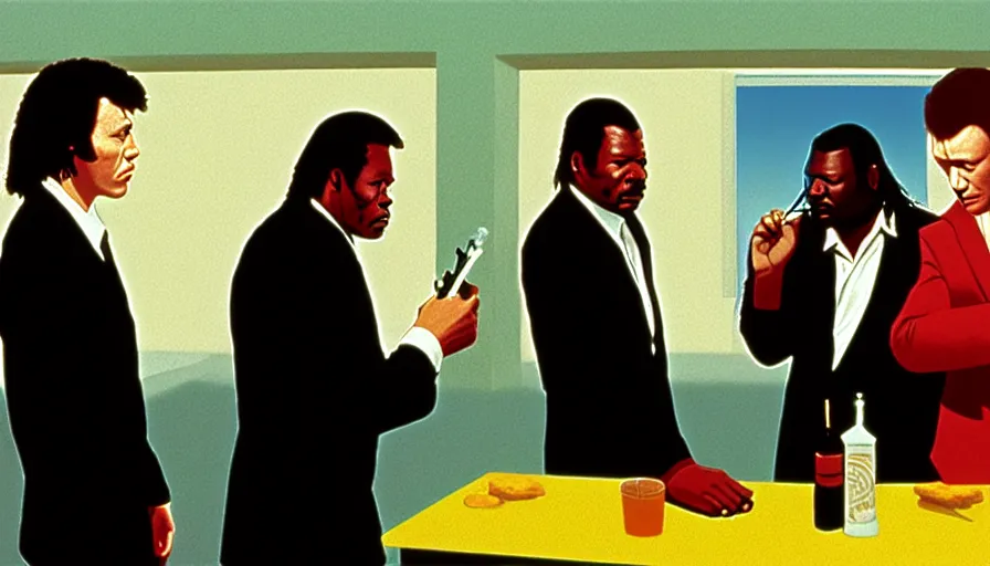 Image similar to jules from pulp fiction, christopher walken, gary oldman and ving rhames. in line at big kahuna burger. by edward hopper