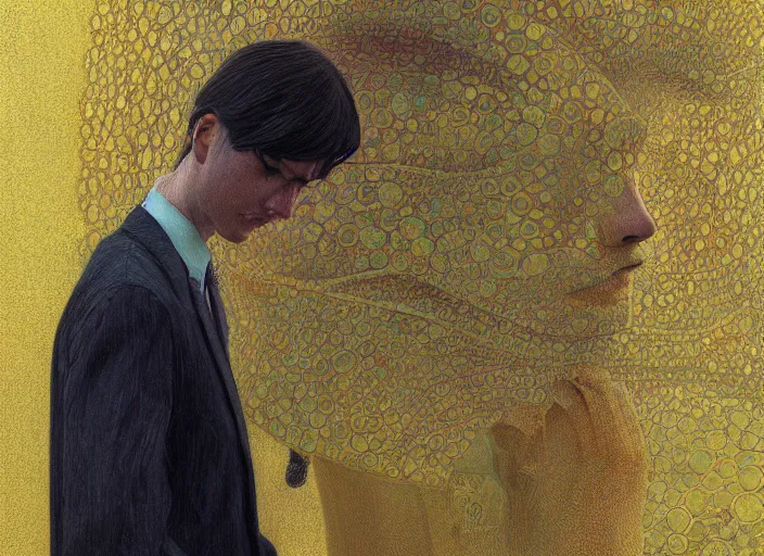 Image similar to portrait of man outside office building, bright ground, cynical realism, painterly, yoshitaka amano, miles johnston, moebius, beautiful lighting, miles johnston, klimt, tendrils, in the style of, louise zhang, victor charreton, james jean, two figures