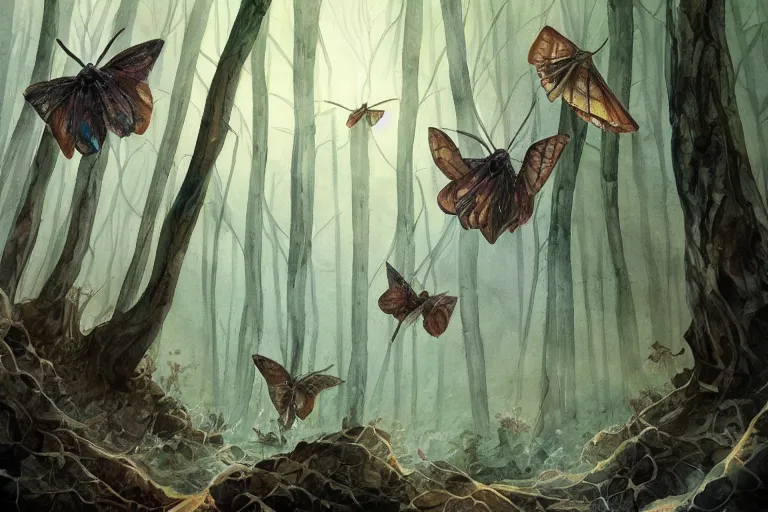 Prompt: moth forest, high quality watercolors, award winning, trending on artstation