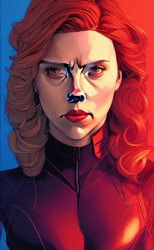 Image similar to rafeal albuquerque comic art, joshua middleton comic art, artgerm, cinematics lighting, night time, pretty scarlett johansson black widow, big smirk, symmetrical face, symmetrical eyes, long red hair, full symmetrical body, flying in the air, jumping off rooftop