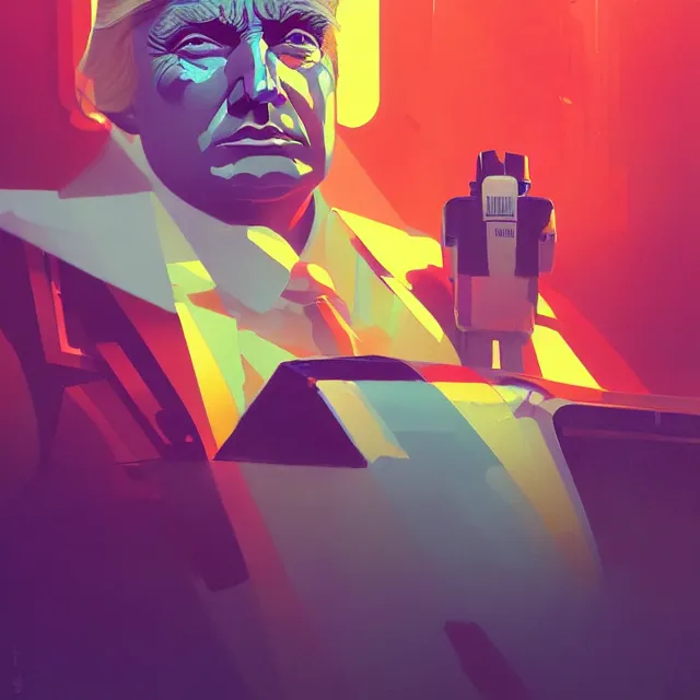 Prompt: a beautiful painting of a 7 0 s sci fi trump by sachin teng and pascal blanche and ruan jia and greg rutkowski. in style of futurism art. colorful comic, film noirs, brush stroke, ( ( vibrating colors ) ), hyper detailed. 4 k texture. octane render. trending on artstation