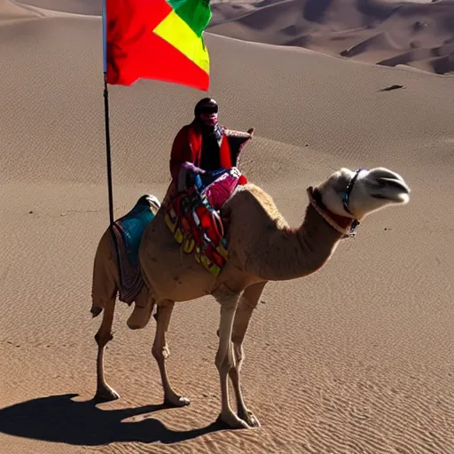 Prompt: cristiano Ronaldo holding the Moroccan flag while riding a camel in the desert