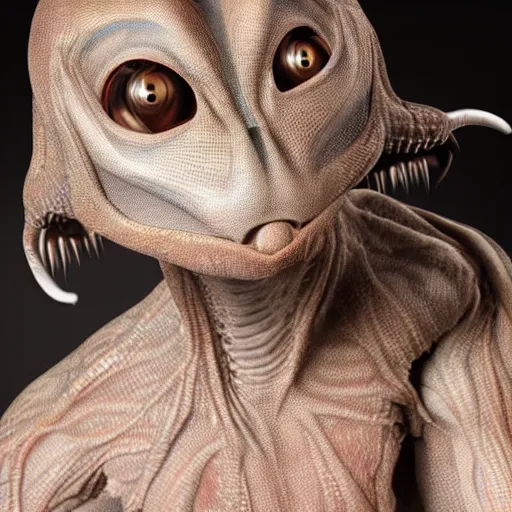 Image similar to an alien pet creature with weird features, looking inquisitively at the camera, studio lighting