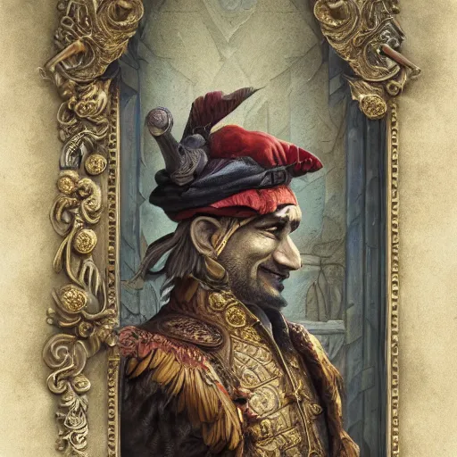 Image similar to A Anthropomorphized parrot trader in his shop, selling his wares, portrait, items, gold, carpet, window, sly expression, cunning expression, D&D, fantasy, intricate, cinematic lighting, highly detailed, digital painting, artstation, concept art, smooth, sharp focus, illustration, art by Akihiko Yoshida, Greg Rutkowski and Alphonse Mucha