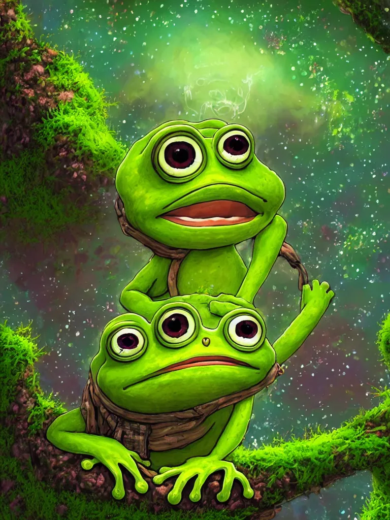 Image similar to high resolution 4k a decent into wonderous blasphemy a longing of prolonged madness pepe frog family together happy bioluminescent moss worlds of love and joy cool galactic color background made in abyss design Tony DiTerlizzi dream like storybooks nursery rhymes pepe the frog within a wonderous forest soft and warm ,white birtch , the value of love a clear prismatic pink sky, loss , unnerving , disheartening , love, warm ,Luminism, prismatic , fractals , pepe the frog , art in the style of Tony DiTerlizzi , Francisco de Goya and Akihito Tsukushi and Gustave dore and Arnold Lobel