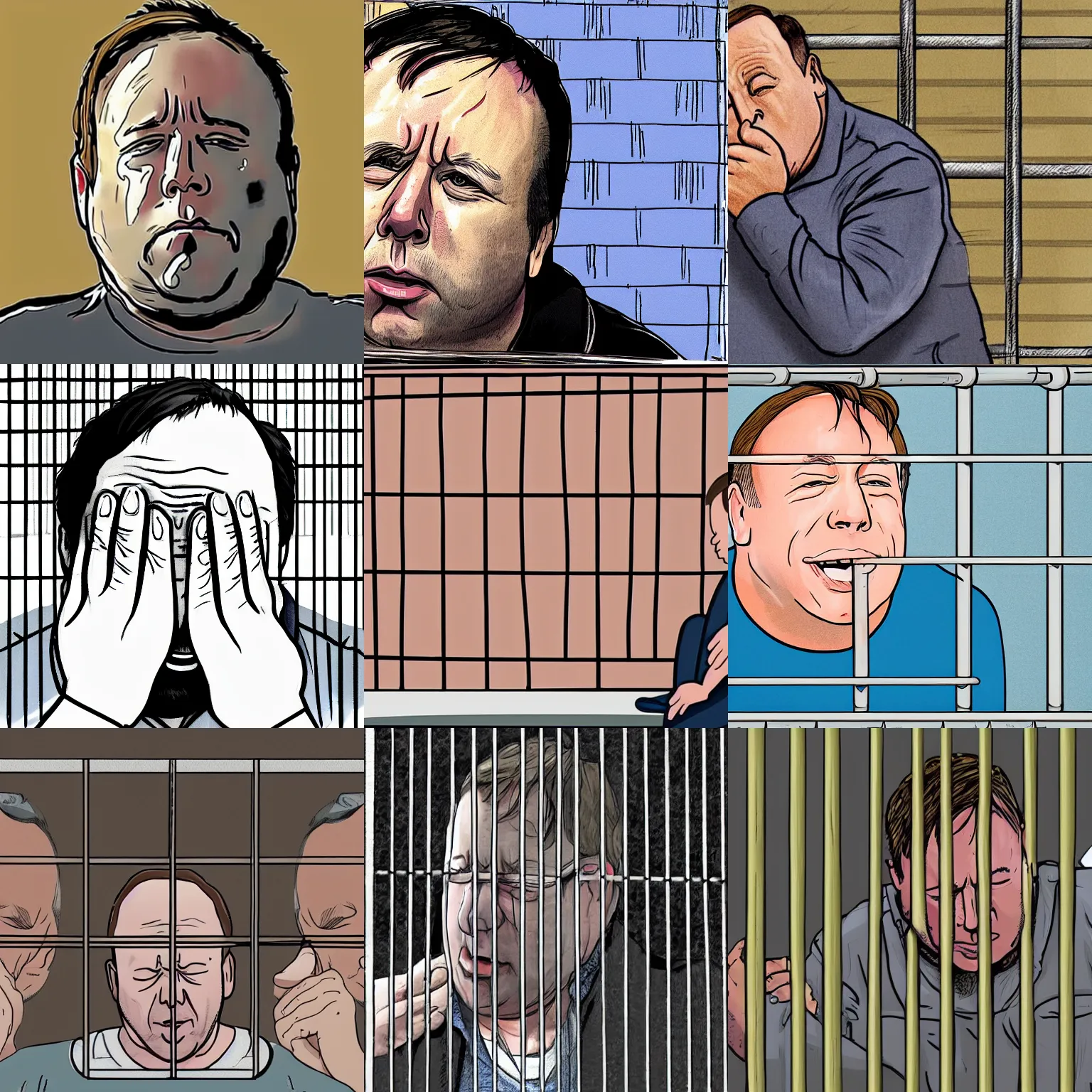 Prompt: illustration of Alex Jones crying like a big baby behind bars