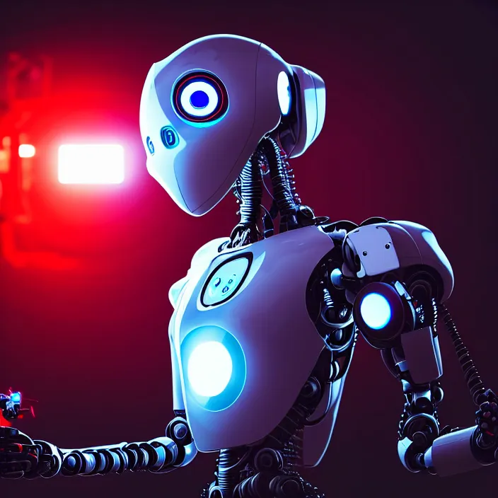 Image similar to a photo of a robot with red eyes playing video games, cool, hd, intricate details, soft lighting, cyberpunk, cinematic, beautiful