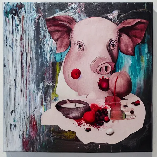 Image similar to “ a portrait in a female art student ’ s apartment, sensual, a pig theme, pork, half - finished sculpture, sculpture work in progress, a candle dripping white wax, clay, squashed berries, berry juice drips, acrylic and spray paint and oilstick on canvas, surrealism, neoexpressionism ”