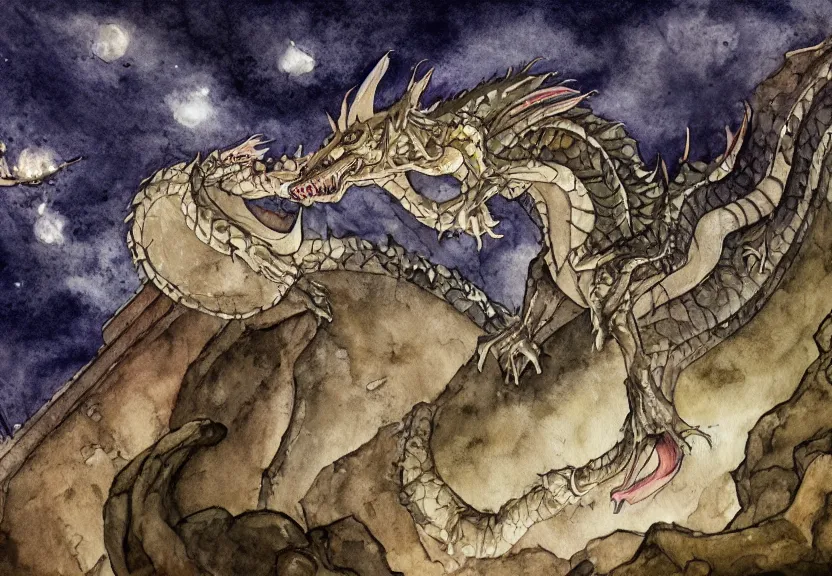 Image similar to possum dragon at a medieval castle under a dark starred sky, dark fantasy, watercolor, dreaming illusion, highly detailed, 4k, trending on Artstation, award-winning